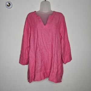 Land's End Linen Blend Split Neck 3/4 Sleeve Pink Tunic Blouse L